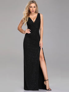 Fhion A Line V Neck Long Gillter Evening Dress With Side Split