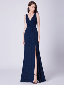 Fhion A Line V Neck Long Gillter Evening Dress With Side Split