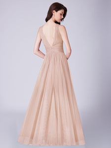 A Line V Neck Long Tulle Bridesmaid Dress With Pleated Bodice