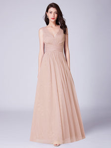 A Line V Neck Long Tulle Bridesmaid Dress With Pleated Bodice