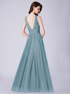 A Line V Neck Long Tulle Bridesmaid Dress With Pleated Bodice