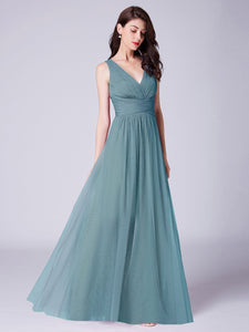 A Line V Neck Long Tulle Bridesmaid Dress With Pleated Bodice