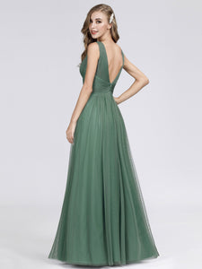 A Line V Neck Long Tulle Bridesmaid Dress With Pleated Bodice