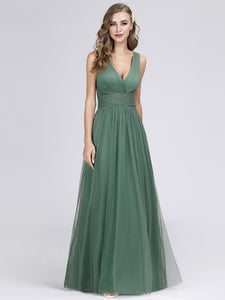 A Line V Neck Long Tulle Bridesmaid Dress With Pleated Bodice