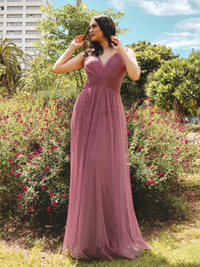 A Line V Neck Long Tulle Bridesmaid Dress With Pleated Bodice