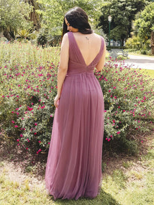 A Line V Neck Long Tulle Bridesmaid Dress With Pleated Bodice