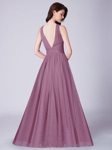 A Line V Neck Long Tulle Bridesmaid Dress With Pleated Bodice