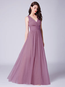 A Line V Neck Long Tulle Bridesmaid Dress With Pleated Bodice