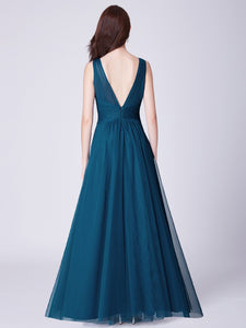 A Line V Neck Long Tulle Bridesmaid Dress With Pleated Bodice