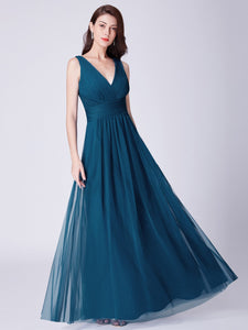 A Line V Neck Long Tulle Bridesmaid Dress With Pleated Bodice