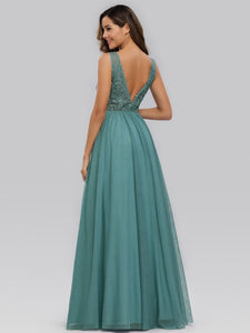 Fhion V Neck Sleeveless Long Evening Party Dress