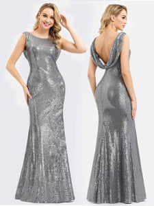 Round Neck Sleeveless Sequin Evening Dress