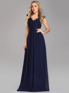 Fhion V neck Lace Sleeveless Long Evening Party Dress