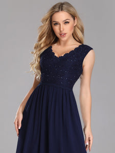 Fhion V neck Lace Sleeveless Long Evening Party Dress