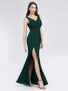 Double V-Neck Glitter Wr High Split Evening Dresses