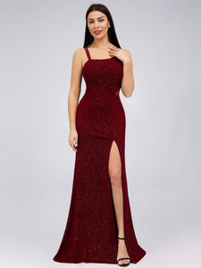 Spaghetti Straps Side Split Bodycon Evening Party Maxi Dress