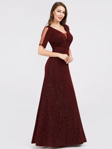 A-Line V-Neck Short Sleeve Sequins Evening Dresses