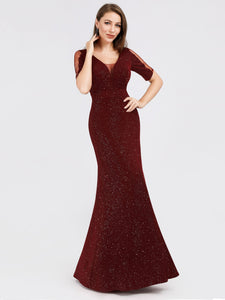 A-Line V-Neck Short Sleeve Sequins Evening Dresses