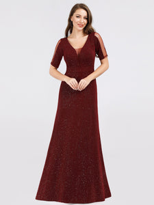 A-Line V-Neck Short Sleeve Sequins Evening Dresses