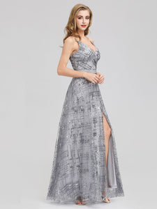 V-Neck Sequin Dress Side Split Floor Length Evening Dresses