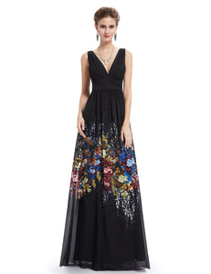 V-neck Sleeveless Long Party Printed Dress F