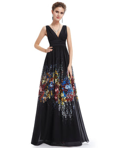 V-neck Sleeveless Long Party Printed Dress F