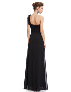 Flowers Black One Shoulder Chiffon Padded Evening Dress