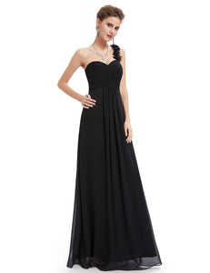 Flowers Black One Shoulder Chiffon Padded Evening Dress