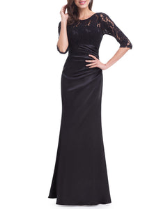 Sheer Sleeves Lace Scalloped Neckline  Long Black Evening Dress