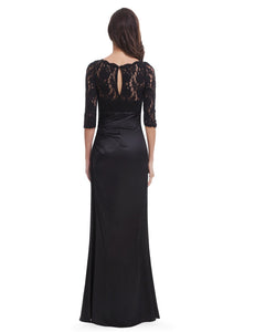 Sheer Sleeves Lace Scalloped Neckline  Long Black Evening Dress