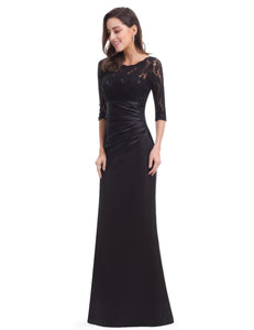 Sheer Sleeves Lace Scalloped Neckline  Long Black Evening Dress