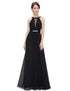 Sleeveless Rhinestone Ruched Waist Maxi Evening Dress