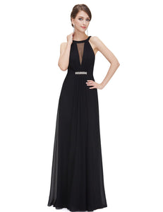 Sleeveless Rhinestone Ruched Waist Maxi Evening Dress