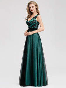 A Line Sleeveless Long Evening Dress With pliques EZ