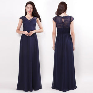 Long  V neck Lace  Navy Blue Formal Evening Dresses EZ