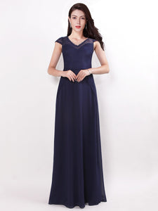 Long  V neck Lace  Navy Blue Formal Evening Dresses EZ