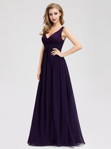 Purple Long Lace V neck Formal Holiday Evening Dresses EZ