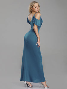 Long  Cold Shoulder Ruffle Sleeve Evening Party Dresses EZ