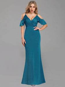 Long  Cold Shoulder Ruffle Sleeve Evening Party Dresses EZ