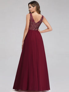 Sleeveless V neck Long Evening Dress with Lace Bodice EZ