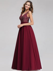 Sleeveless V neck Long Evening Dress with Lace Bodice EZ