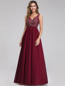 Sleeveless V neck Long Evening Dress with Lace Bodice EZ