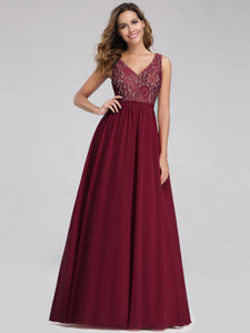 Sleeveless V neck Long Evening Dress with Lace Bodice EZ