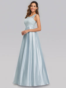 Long Sleeveless Lace Satin O-Neck Wedding Bridesmaid Dresses F