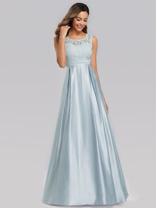 Long Sleeveless Lace Satin O-Neck Wedding Bridesmaid Dresses F