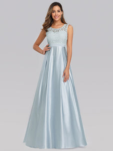 Long Sleeveless Lace Satin O-Neck Wedding Bridesmaid Dresses F