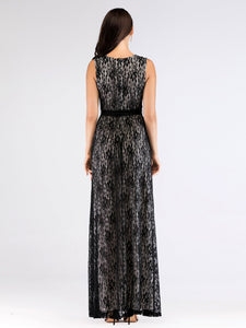 Long Black Lace Belt Evening Party Dresses EZ