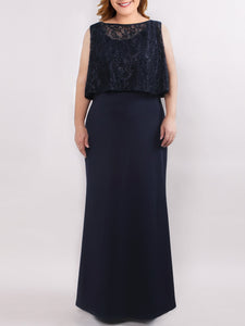 Long Navy Blue  Lace  Wedding Guest Dresses EZ