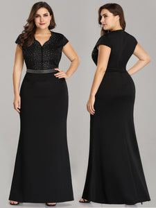 Black V Neck Fishtail Long Beaded Evening Dress With Sleeve EZ