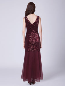 Long Burgundy Print Sequin Chiffon Fishtail  Evening Dresses EZ